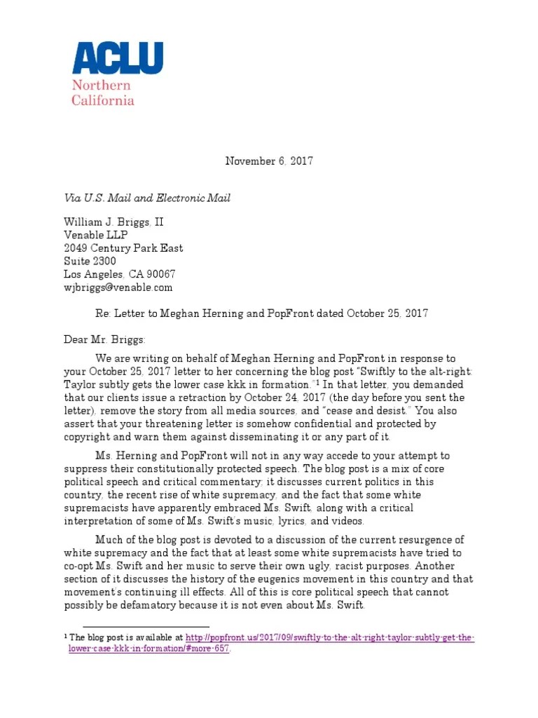 ACLU letter to Taylor Swift's lawyers Defamation Fair Use