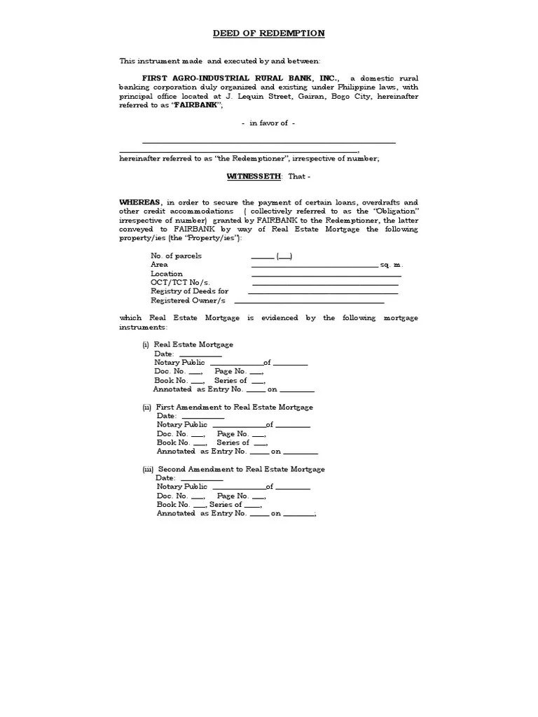 Deed of Redemption PDF PDF Mortgage Law Foreclosure