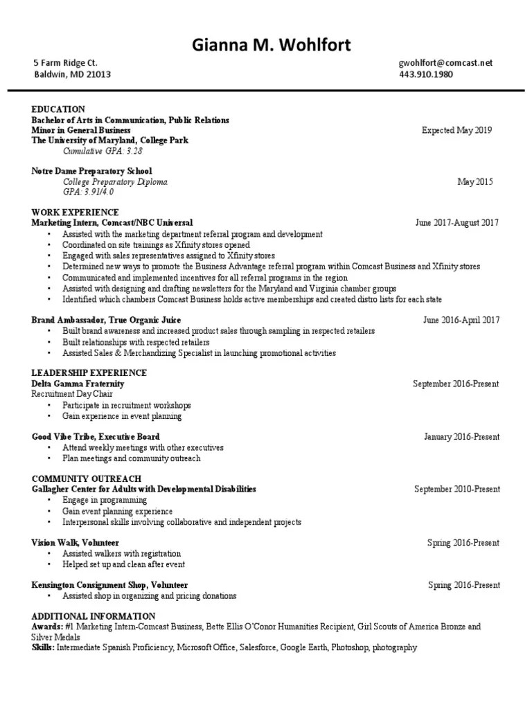 Gianna Wohlfort Resume Download Free PDF Comcast Business