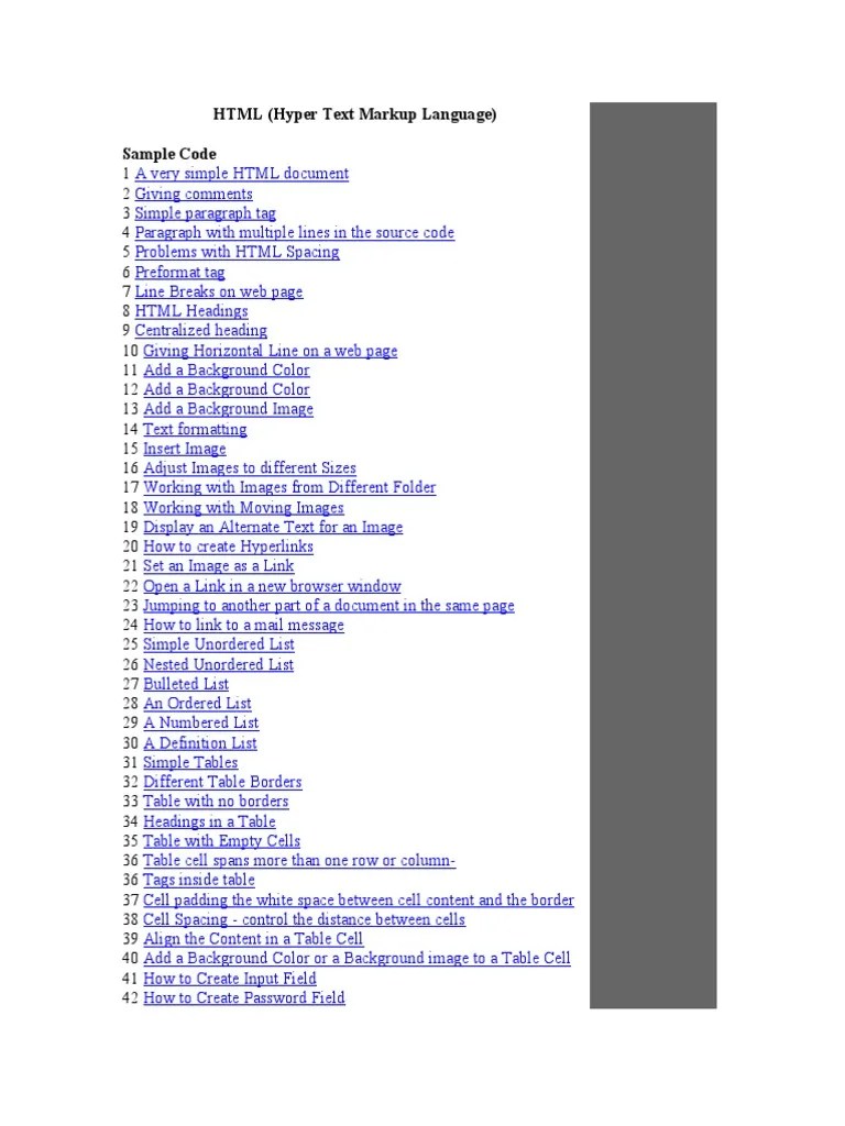 HTML (Hyper Text Markup Language) Sample Code Download Free PDF
