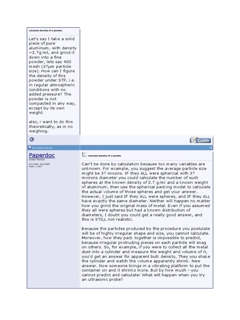 Calculate Density of a Powder Powder (Substance) Density