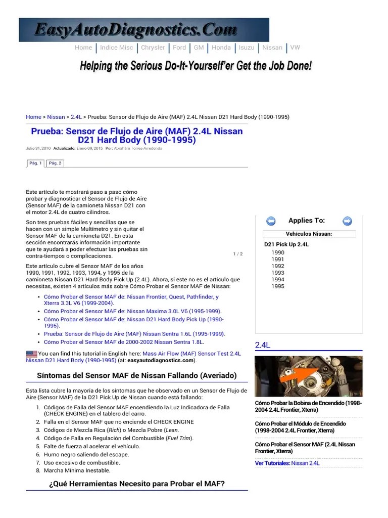 Sensor de Flujo de Aire Nissan D21 | PDF | Vehículo de motor | Automóviles
