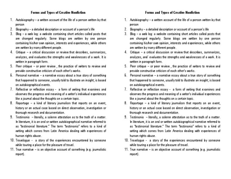 Forms and Types of Creative Nonfiction Creative Nonfiction Testimony