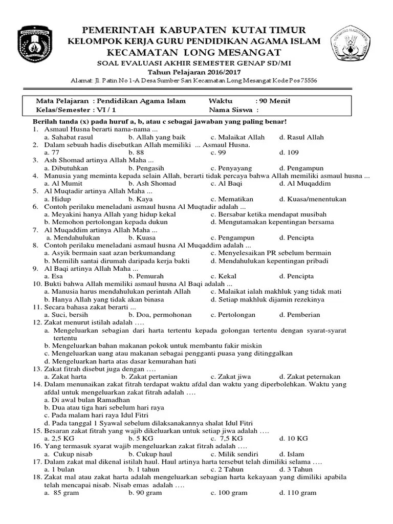 Soal Uas Kelas i Sampai Kelas Vi Semester i Tahun