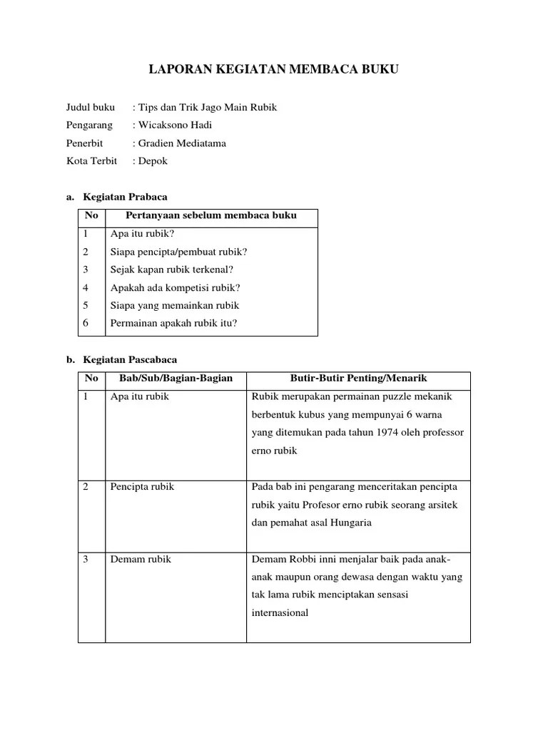 Laporan Kegiatan Membaca Buku Non Fiksi Prabaca Dan Pascabaca Singkat