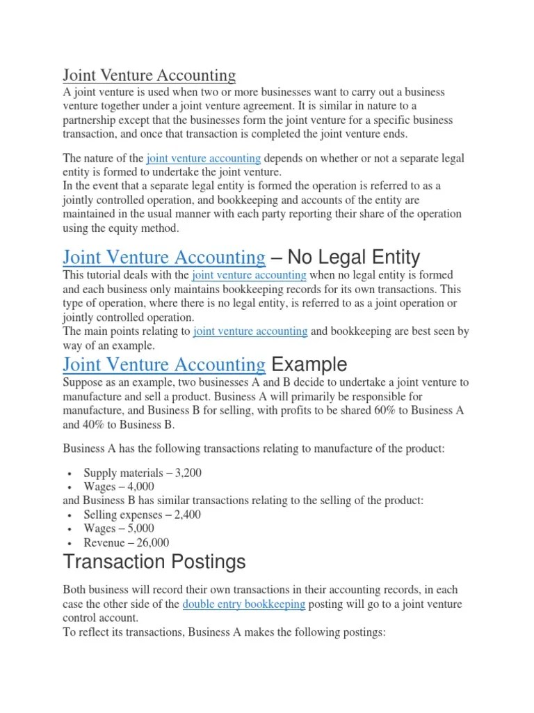 Joint Venture Accounting Debits And Credits Bookkeeping
