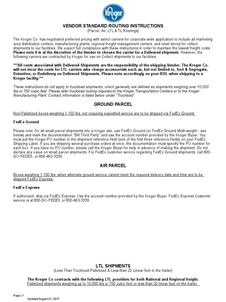Kroger Vendor General Instructions Cargo Business Process Free 30