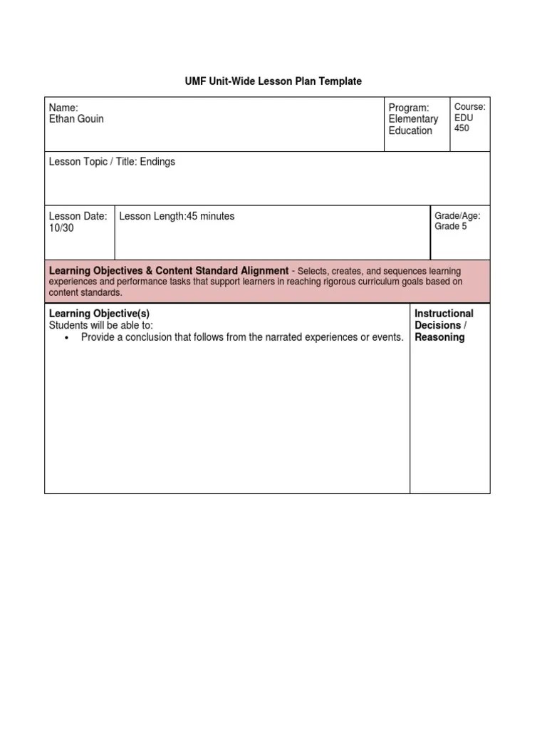 Name Ethan Gouin Program Elementary Education UMF UnitWide Lesson Plan Template PDF