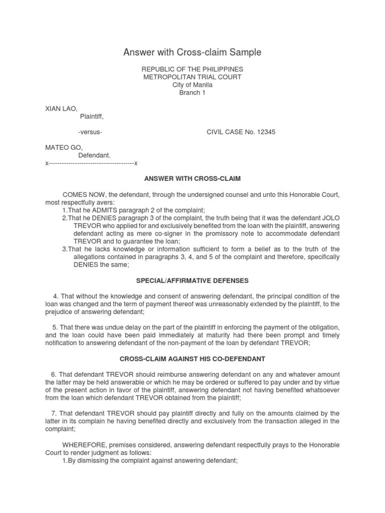 Answer With Crossclaim Sample Complaint Legal Concepts