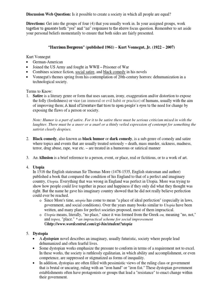 harrison bergeron prereading notes Dystopia Satire