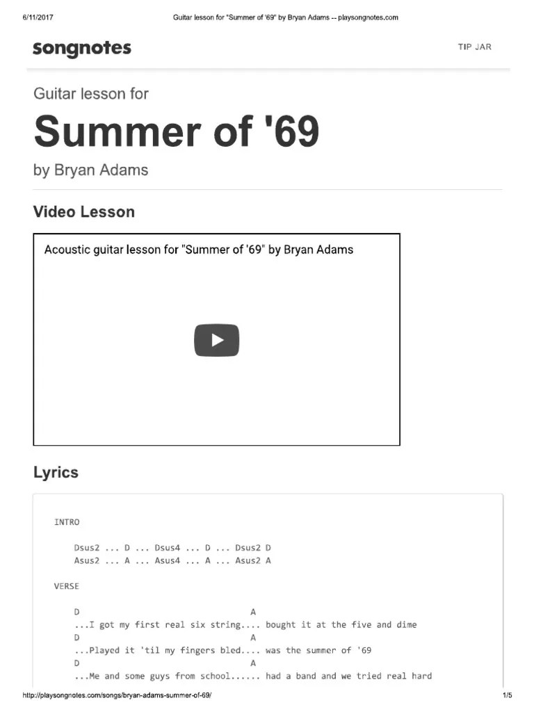 Guitar Lesson For Summer of '69 by Bryan Adams Playsongnotes PDF