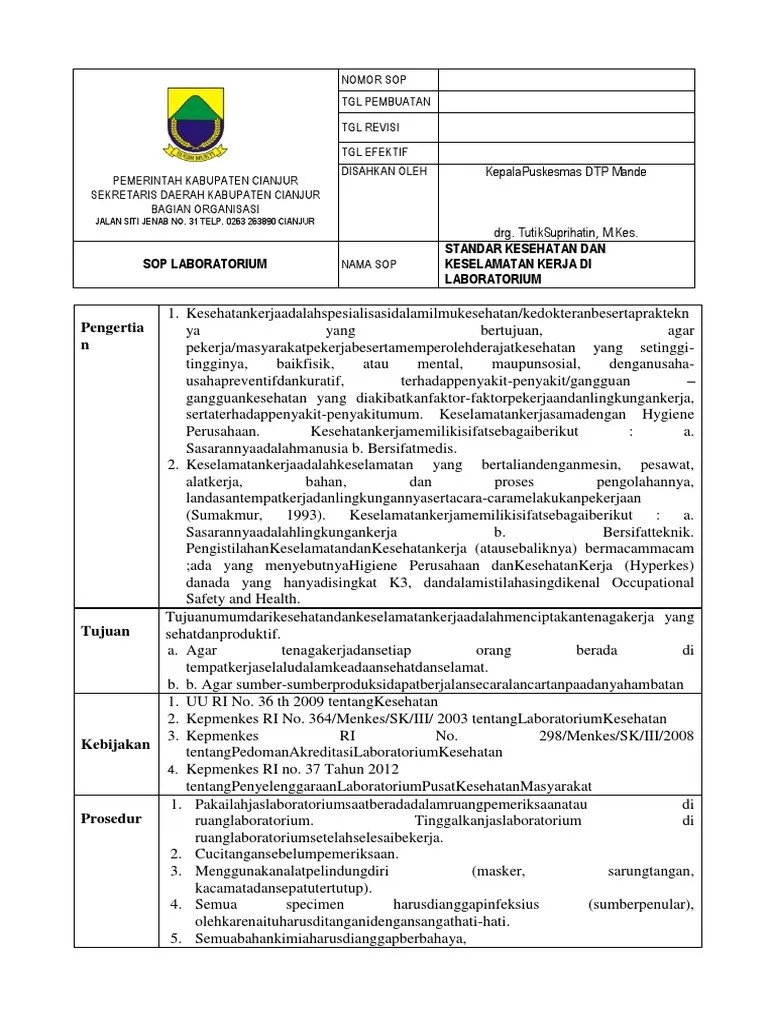 Sop Kesehatan Dan Keselamatan Kerja Di Laboratorium PDF