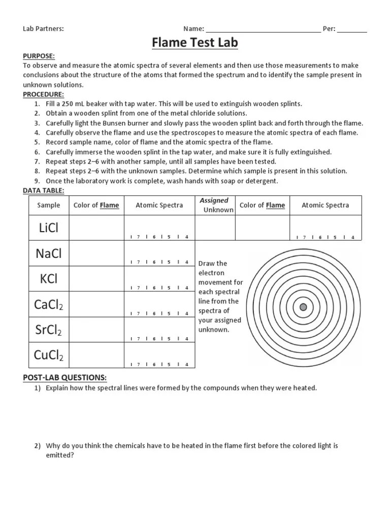 Lab - Flame Test Handout - Chem | Emission Spectrum | Scientific Techniques