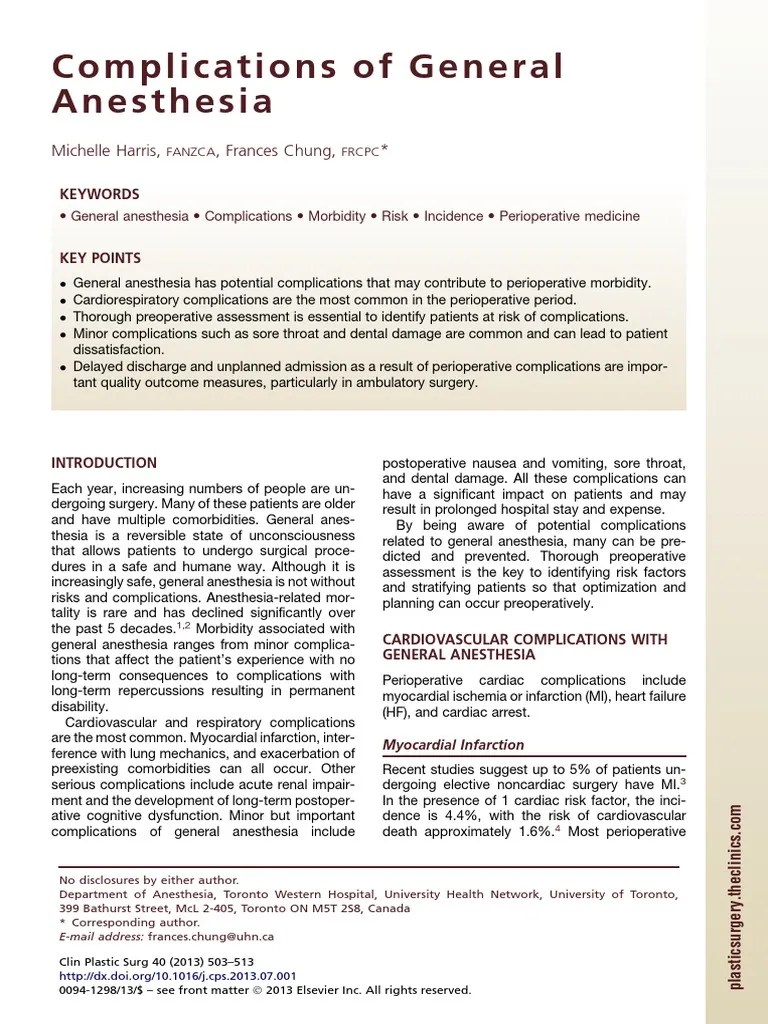 Complications of General Anesthesia Anesthesia Surgery