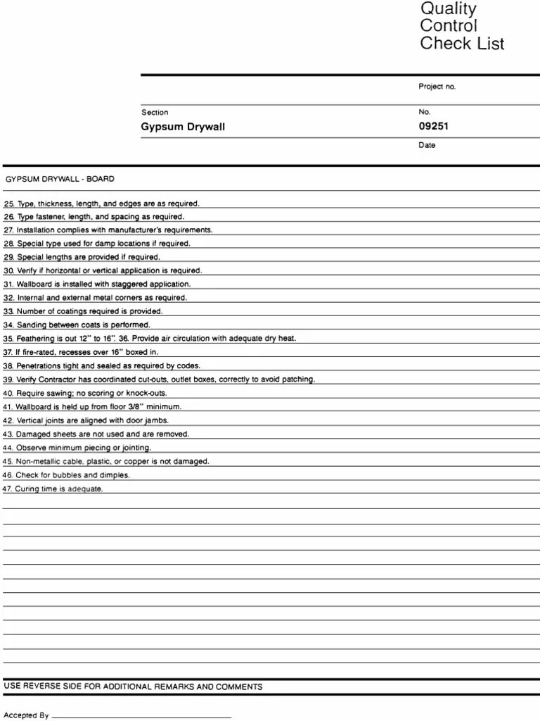 Quality Control Checklist Gypsum Drywall PDF