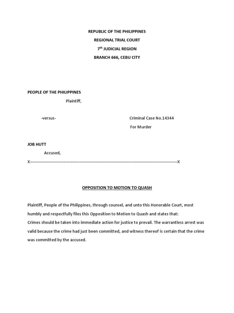 Opposition to Motion to Quash Arrest Search Warrant