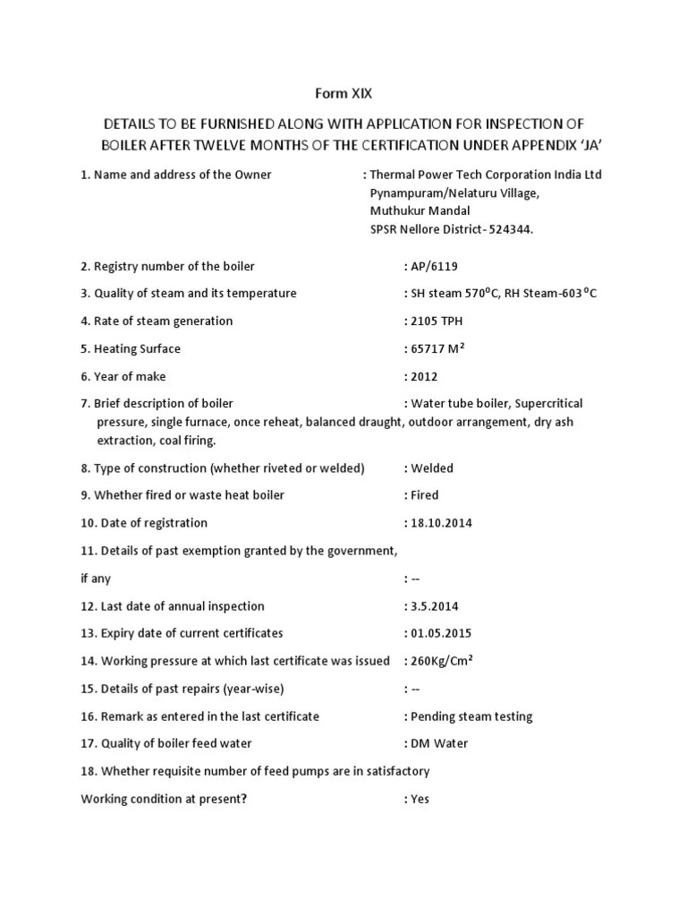 U1 Form XIX1 Boiler Power (Physics)