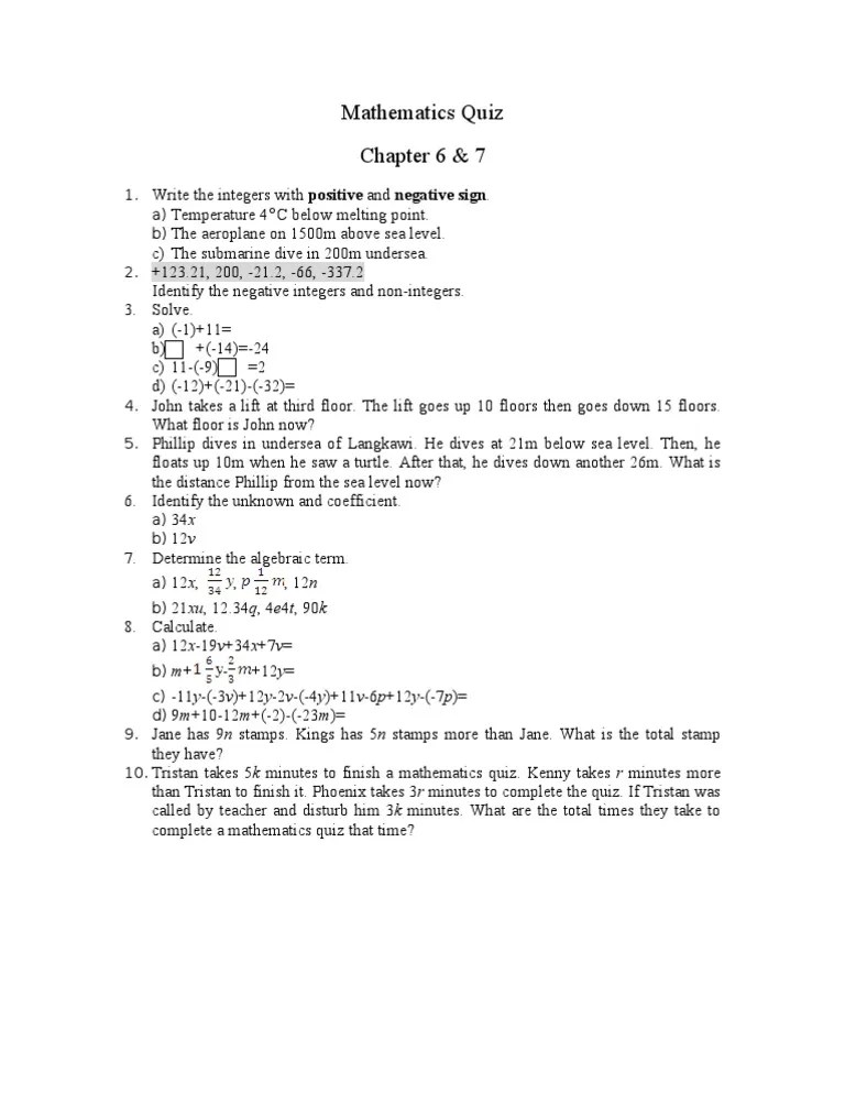Mathematics Form 1 Chapter 6 &amp; 7 Quiz PDF Mathematical