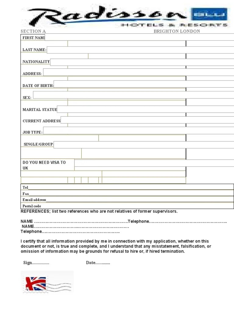 Radisson Blu Hotel Employment Application Form