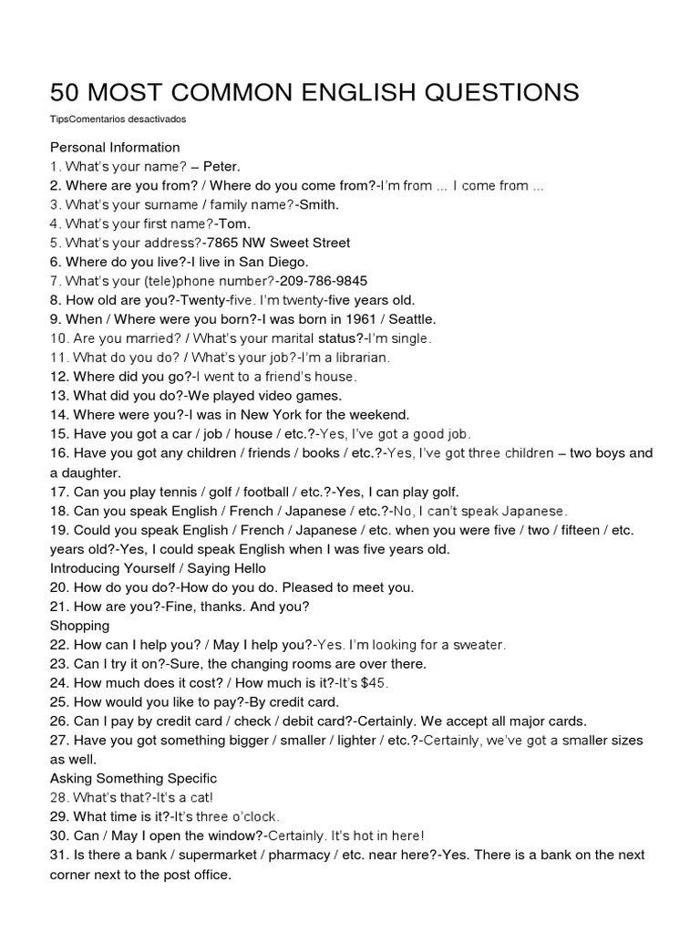 50 Most Common English Questions Ocio
