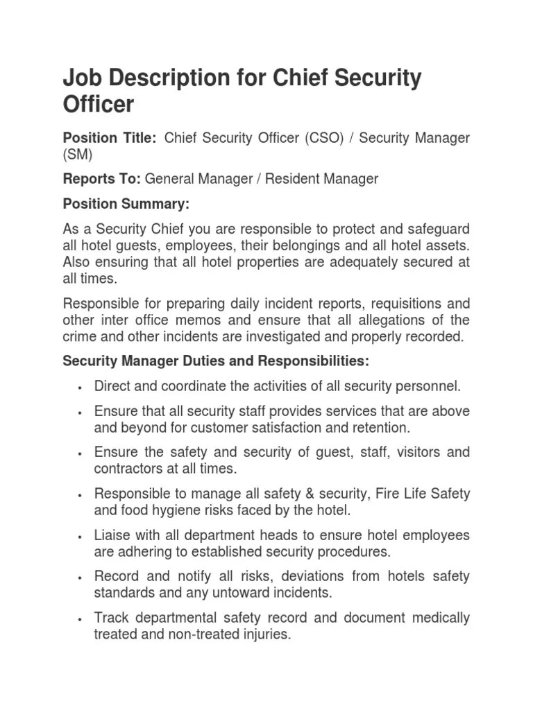Job Description for Chief Security Officer Safety Securities
