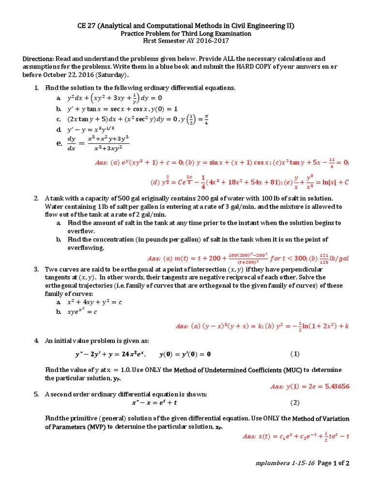 CE 27 11617 Practice Problems for Second LE Differential Equations