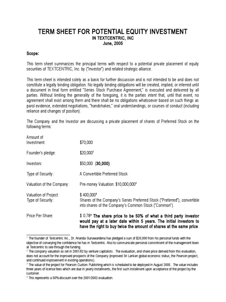 Potential Equity Investment Agreement Template Preferred Stock Stocks