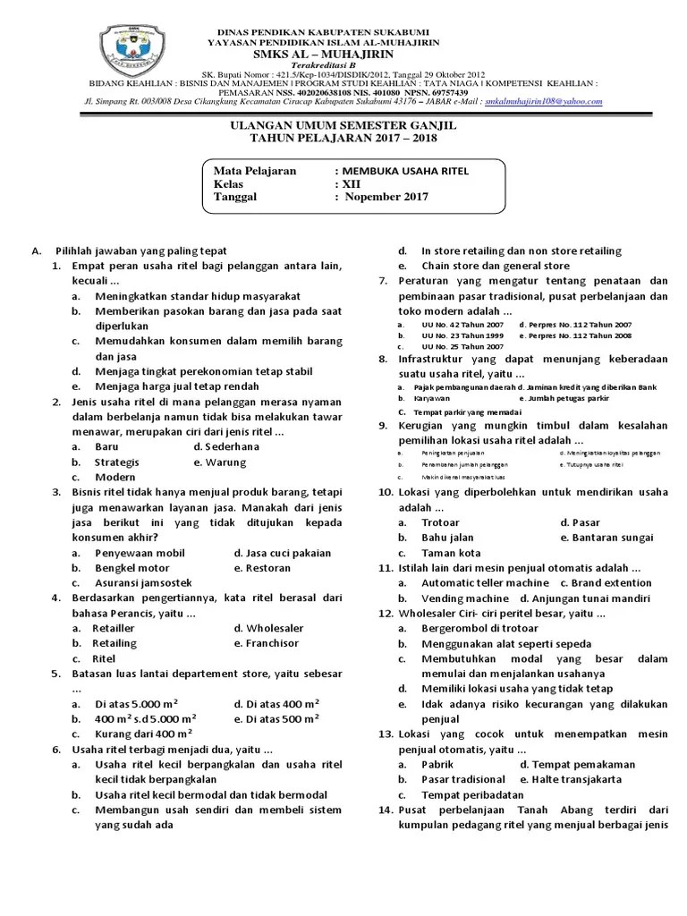 Contoh Soal Pengelolaan Bisnis Ritel Dikdasmen