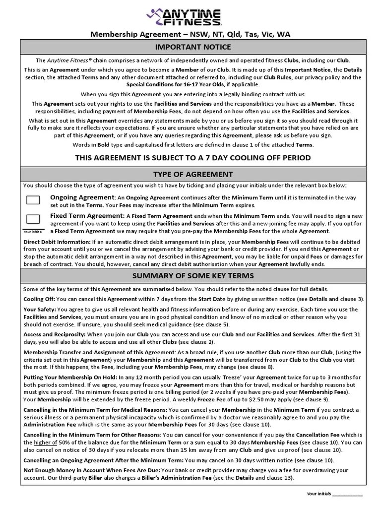 Anytime Fitness Membership Agreement All States Fee Debit Card