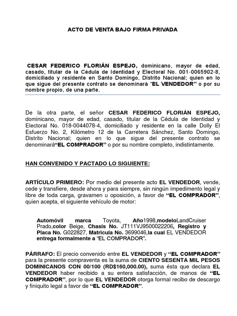 Acto de Venta Bajo Firma Privada República Dominicana Política