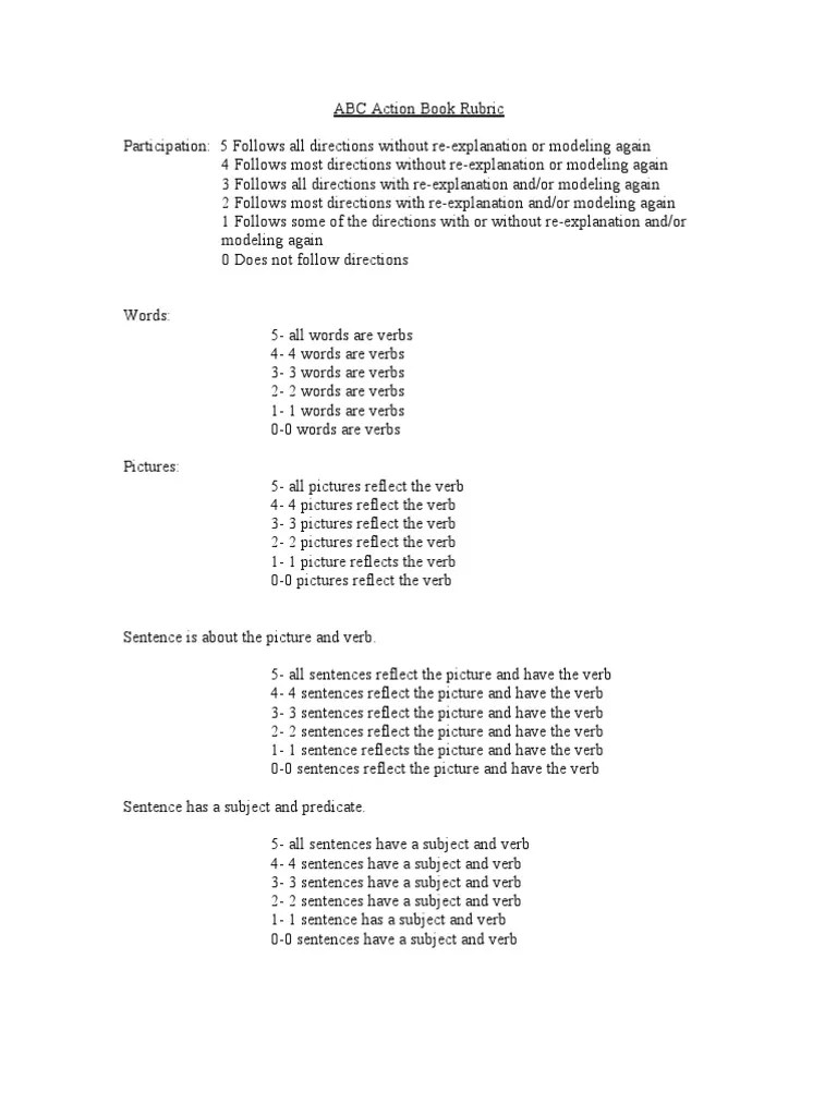 ABC Action Verb Book Rubric Subject (Grammar) Sentence