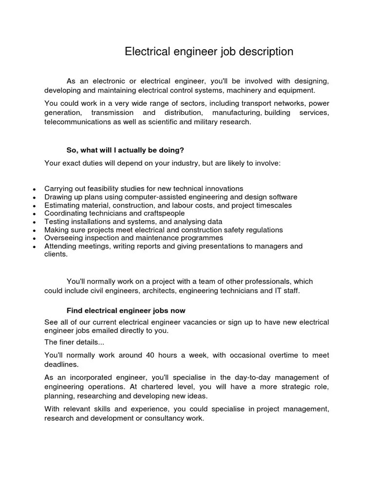 Electrical Engineer Job Description PDF Engineer Engineering