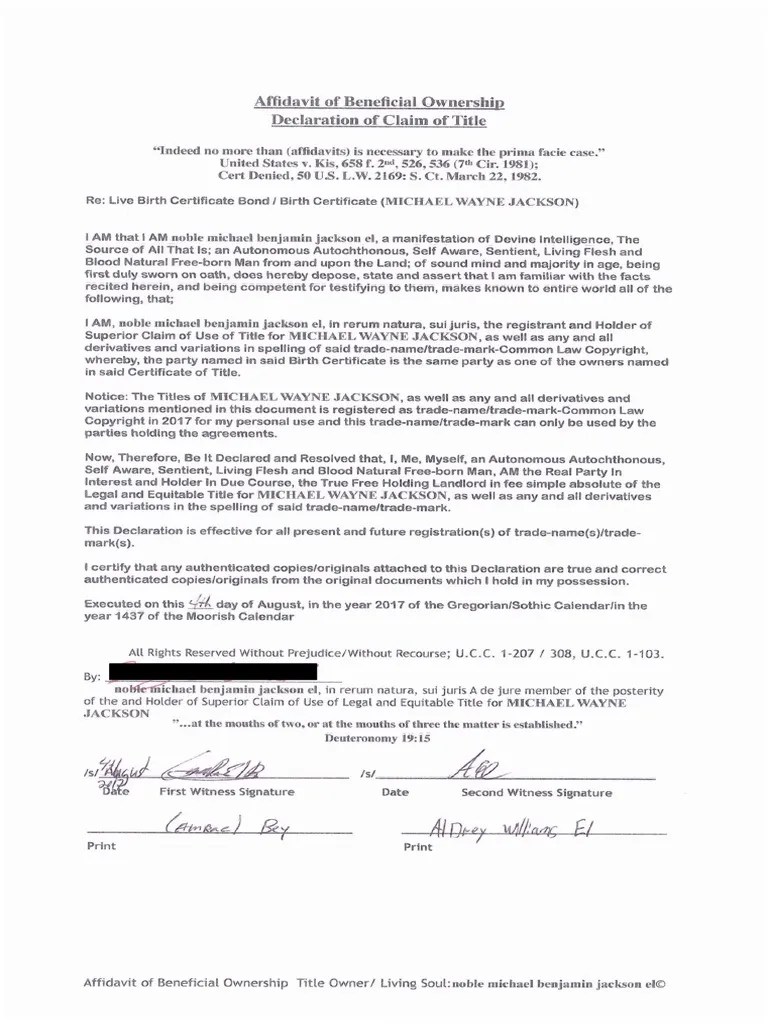 Affidavit of Beneficial Ownership Declaration of Claim of Title