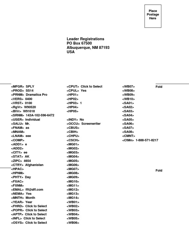 Leader Registrations PO Box 67500 Albuquerque, NM 87193 USA PDF