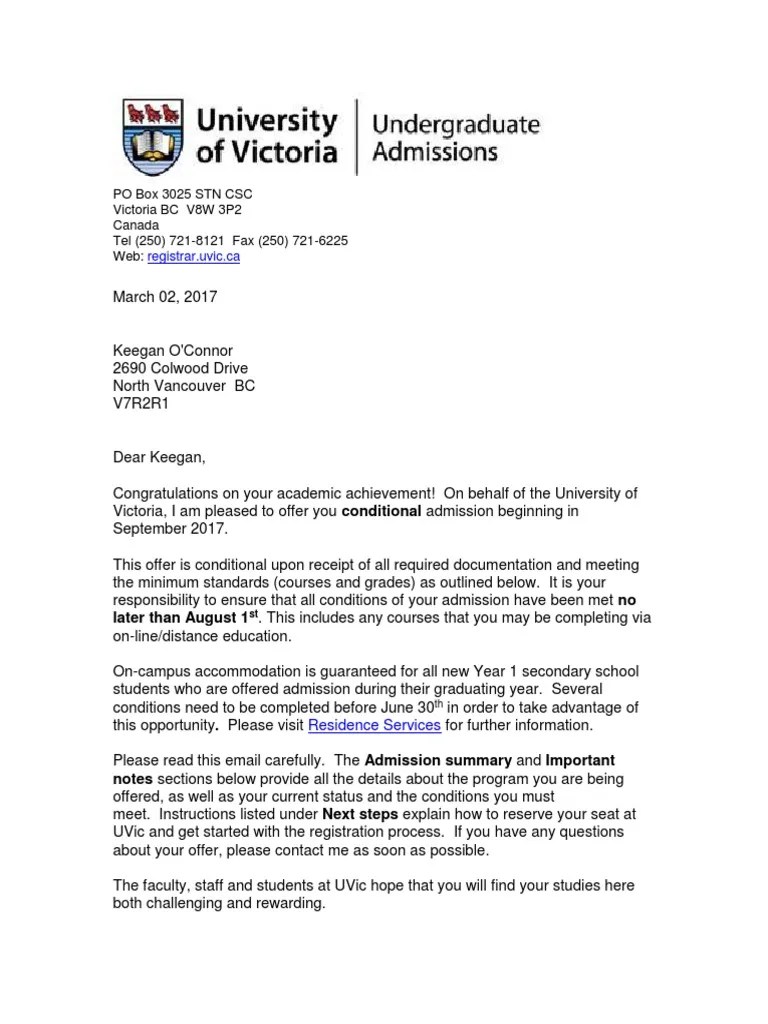 UVIC Acceptance Letter | PDF | University And College Admission