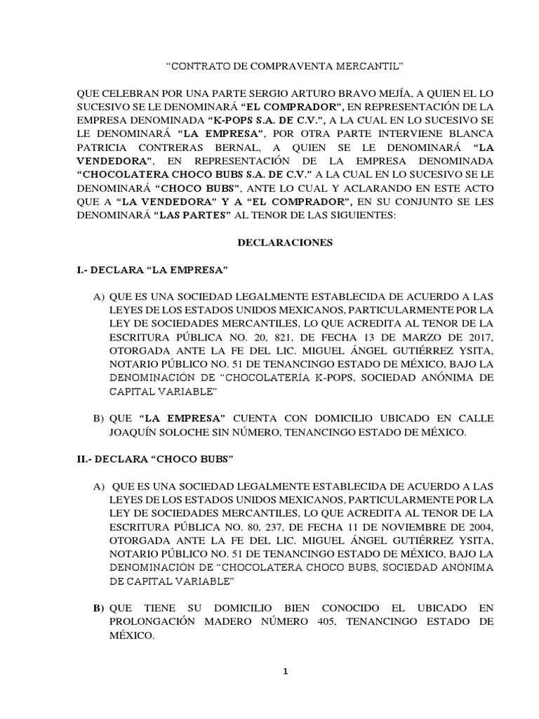 Contrato de Compraventa Mercantil, Ejemplo