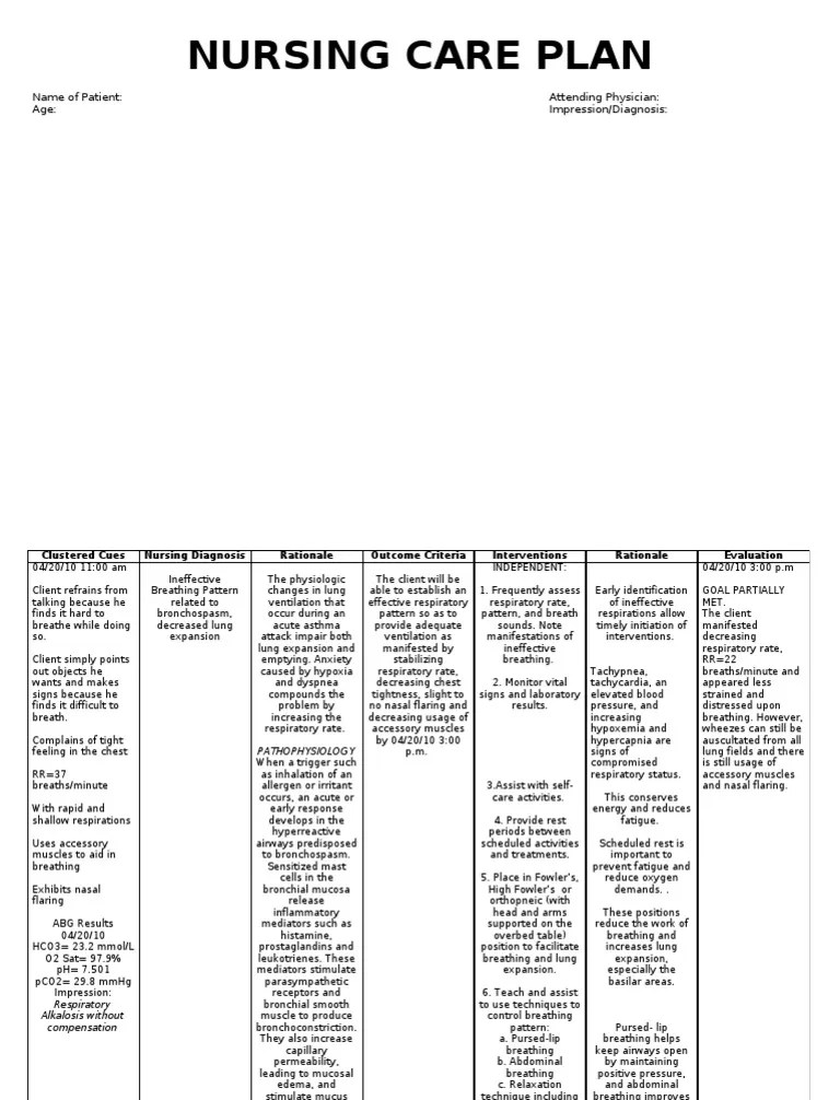 Ineffective Breathing Pattern related to bronchospasm, decreased lung