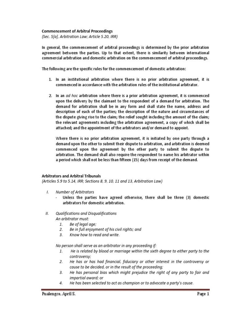 Commencement of Arbitral Proceedings Arbitral Tribunal Arbitration