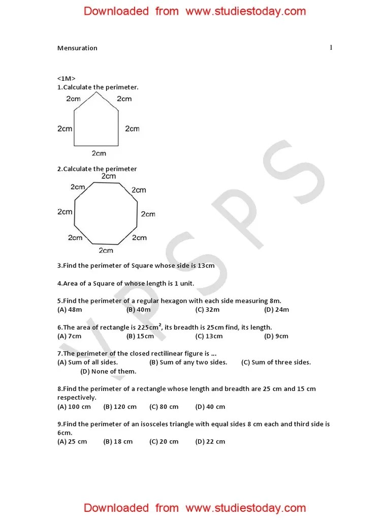 CBSE Class 6 Mensuration Worksheet (6) Area Rectangle