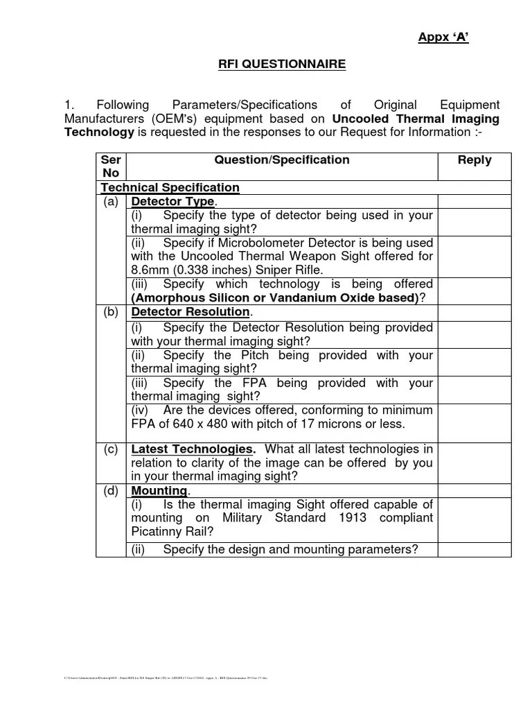 RFI Questionnaire INF8 09 Oct 17 PDF Field Of View Battery