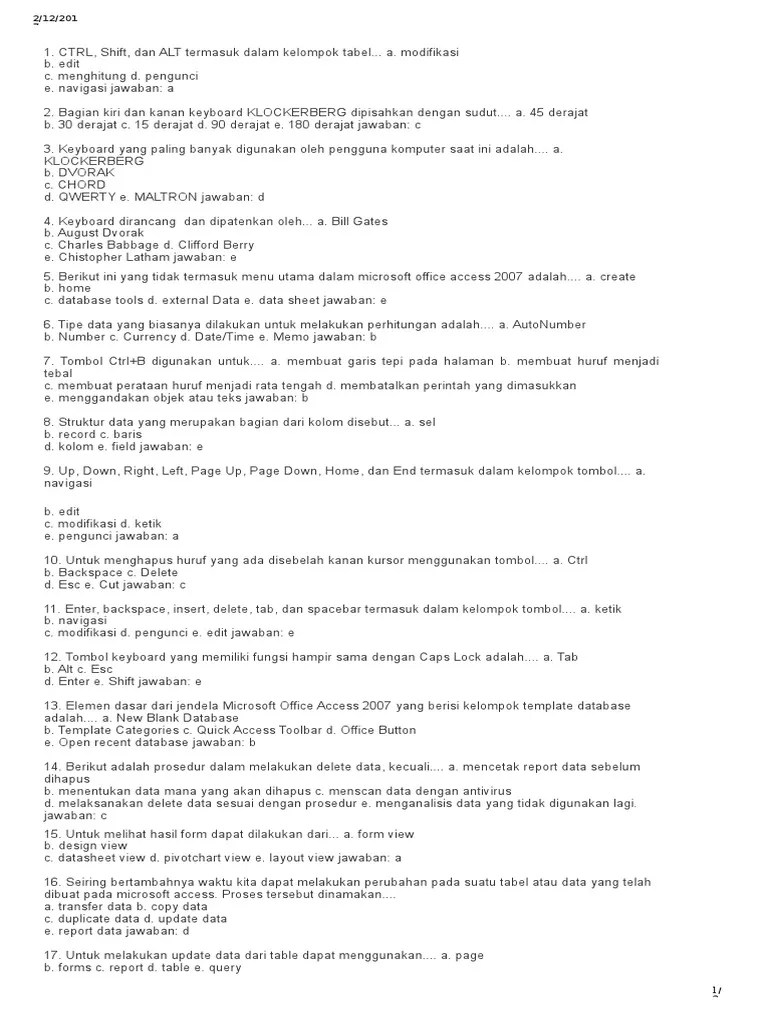 Contoh Soal Pilihan Ganda Basis Data Dan Jawabannya