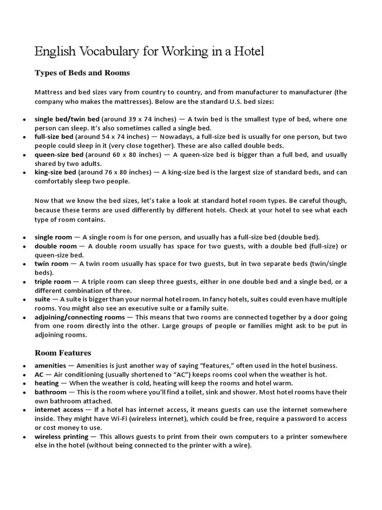 English Vocabulary For Working in A Hotel PDF Bed Bathroom