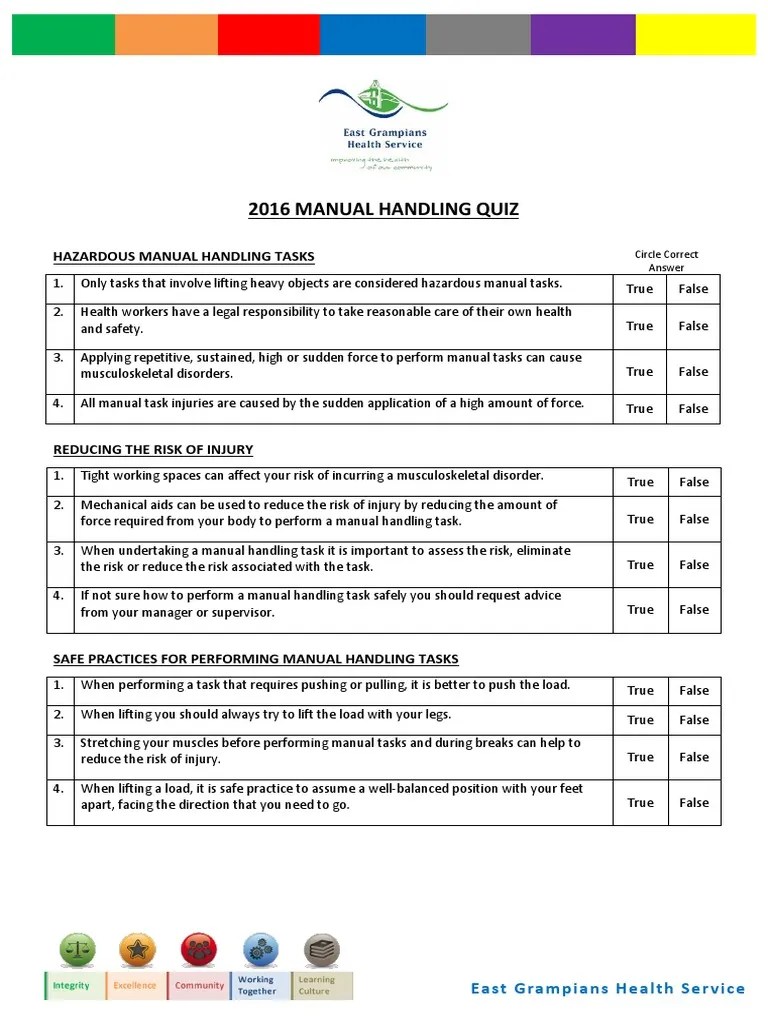 Manual Handling Quiz 2016