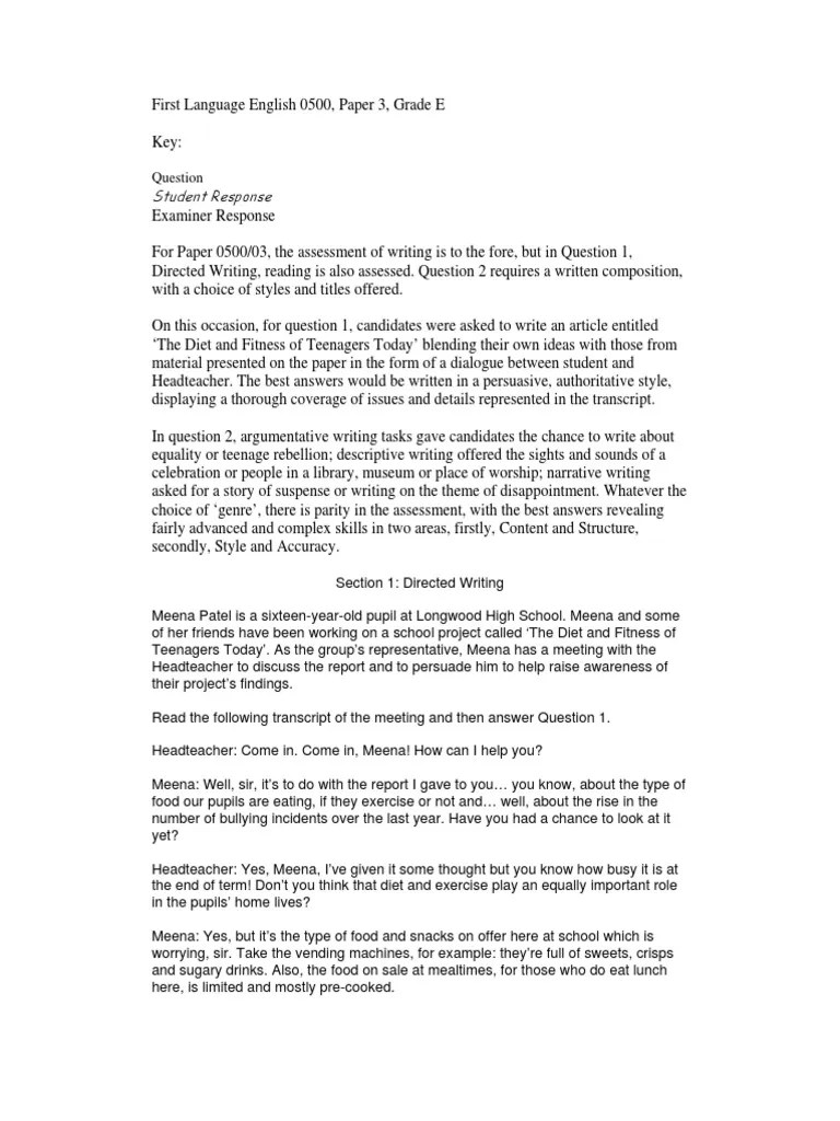 English Paper 3 E Grade Answer PDF Lunch Junk Food