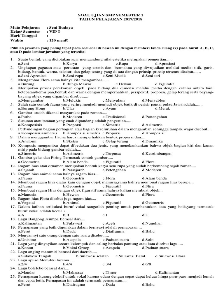 Contoh Soal Seni Budaya Kelas 10 Semester 2