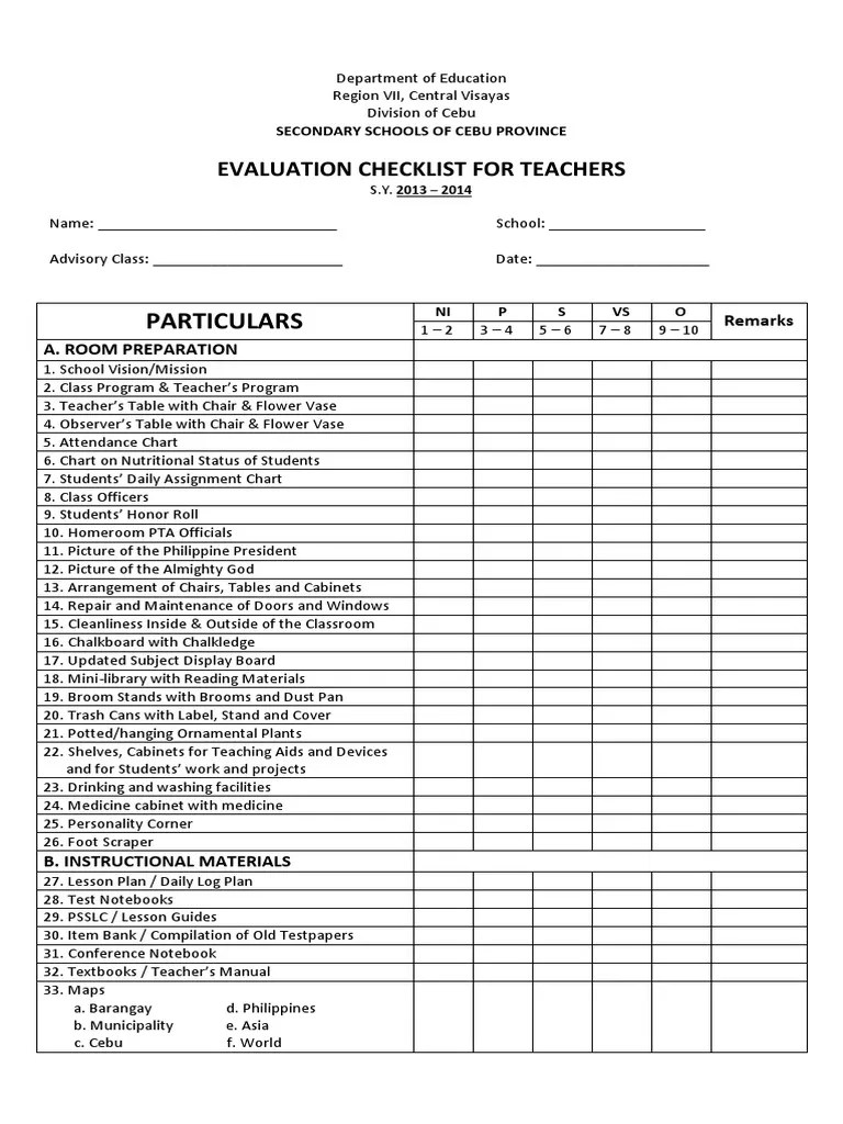 Evaluation Checklist for Teachers Lesson Plan Teachers