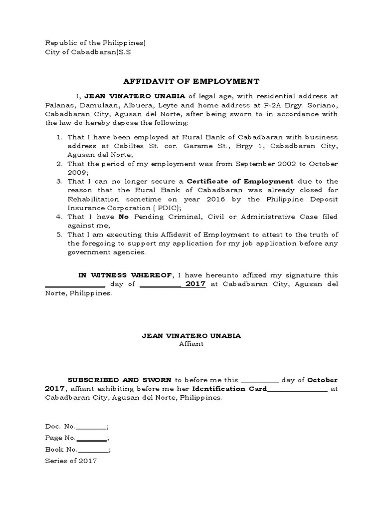 Affidavit of Employment Affidavit Social Institutions