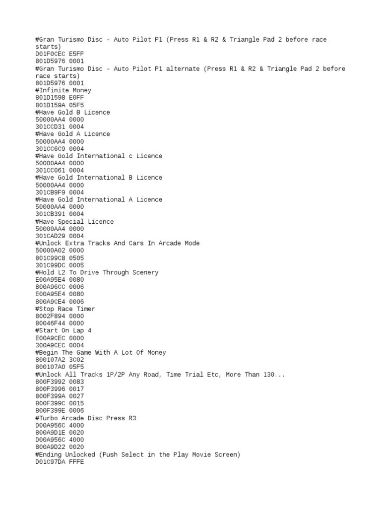 Gran Turismo Cheat Code Compilation Hints and Codes for Unlocking