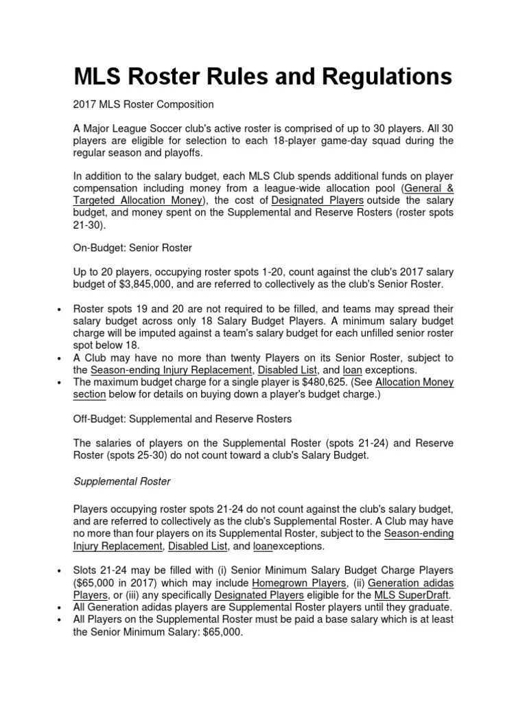 MLS Roster Rules and Regulations PDF Major League Soccer Salary