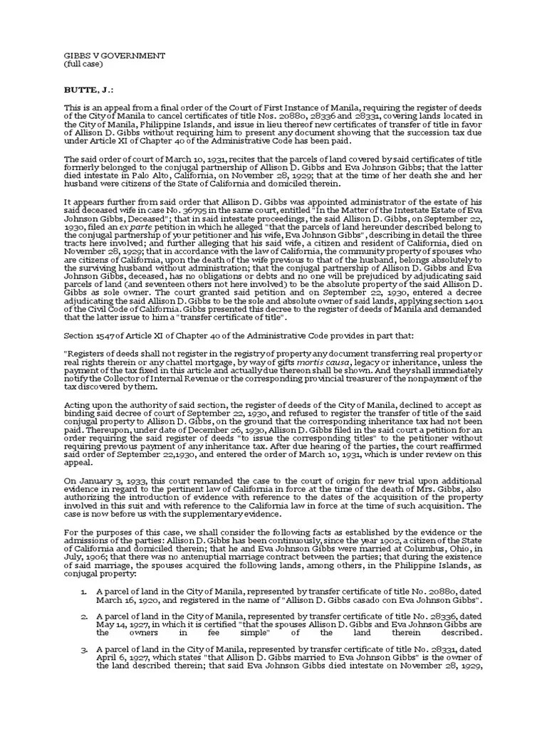 Gibbs v Government inheritance tax case PDF Community Property